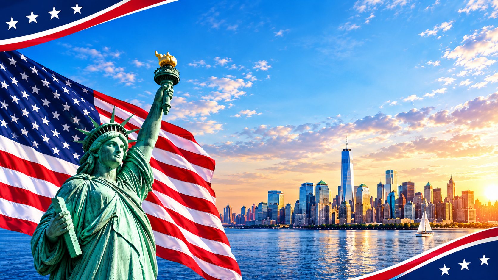 Statue of Liberty in front of the American flag and city skyline